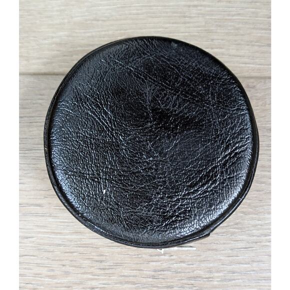 Vintage Black Leather Mini Zippered Round Sewing Kit Embroidered Floral  3" - Picture 5 of 12